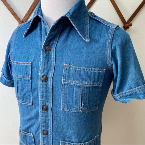 Vintage 1970s Red Snap Denim Utility Shirt - Picture 2 of 14